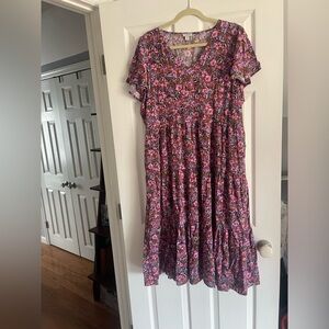 J. Crew Pink Multi Floral Tiered V‑Neck Midi Dress